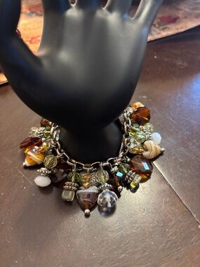 Artisan Amber & Olive Glass Bead Charm Bracelet